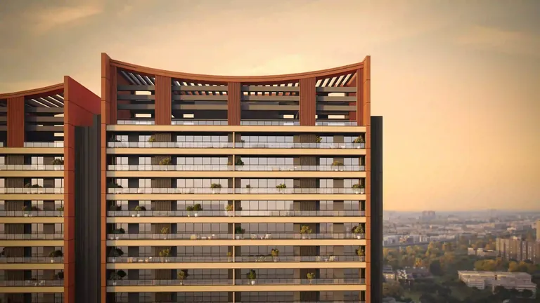Godrej Sora facade and wide balconies at sunset