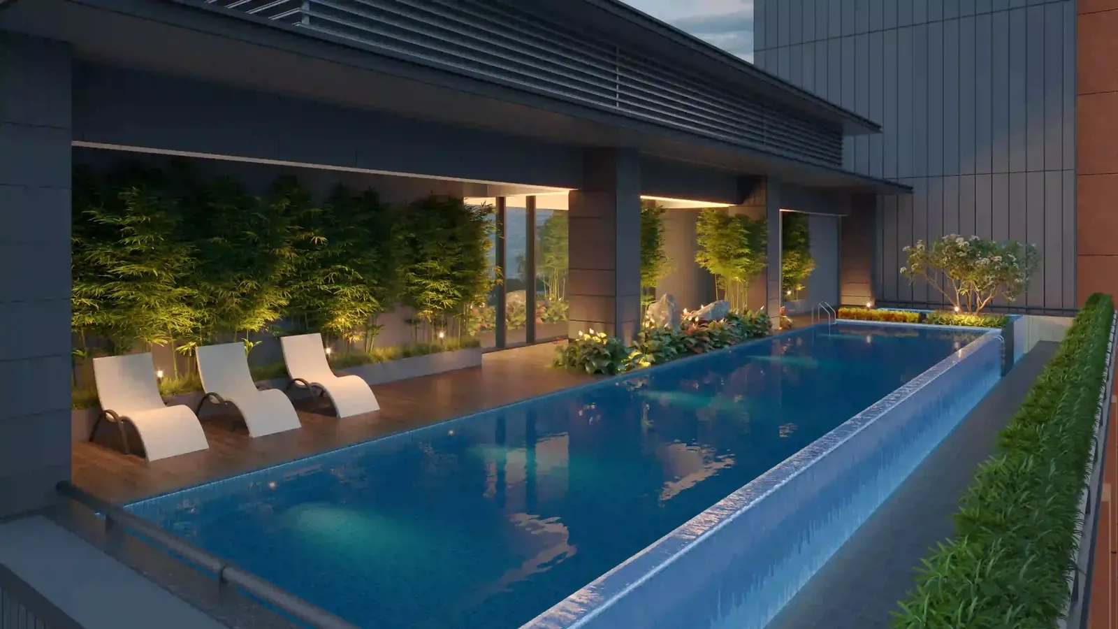 Godrej Sora pool deck in the evening