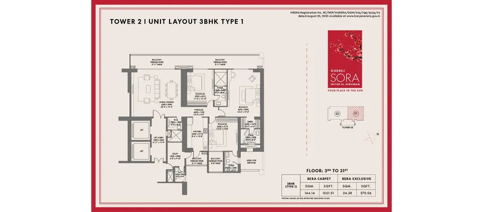 Godrej Sora 3 BHK Type 1 floor plan, 3,050 sq ft, Towers 2 and 3