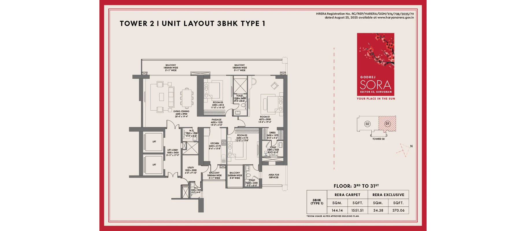 Godrej Sora 3 BHK Type 1 floor plan, 3,050 sq ft, Towers 2 and 3