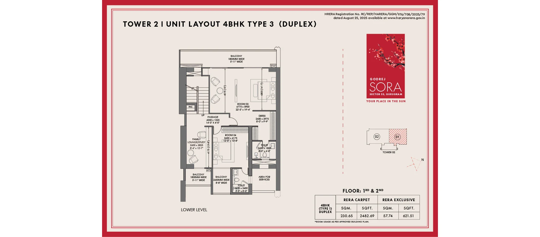 Godrej Sora 4 BHK duplex, 2,483 sq ft carpet: upper level plan