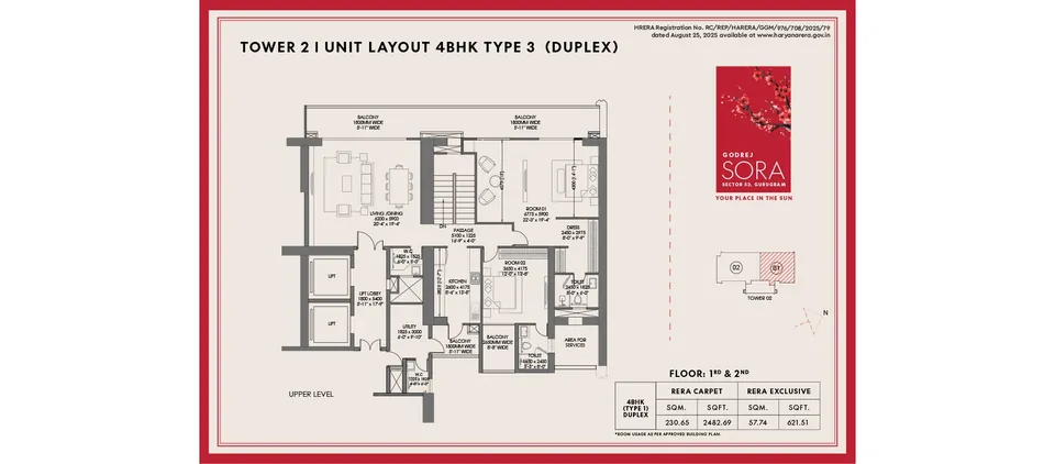 Godrej Sora 4 BHK duplex, 2,483 sq ft carpet: lower level plan