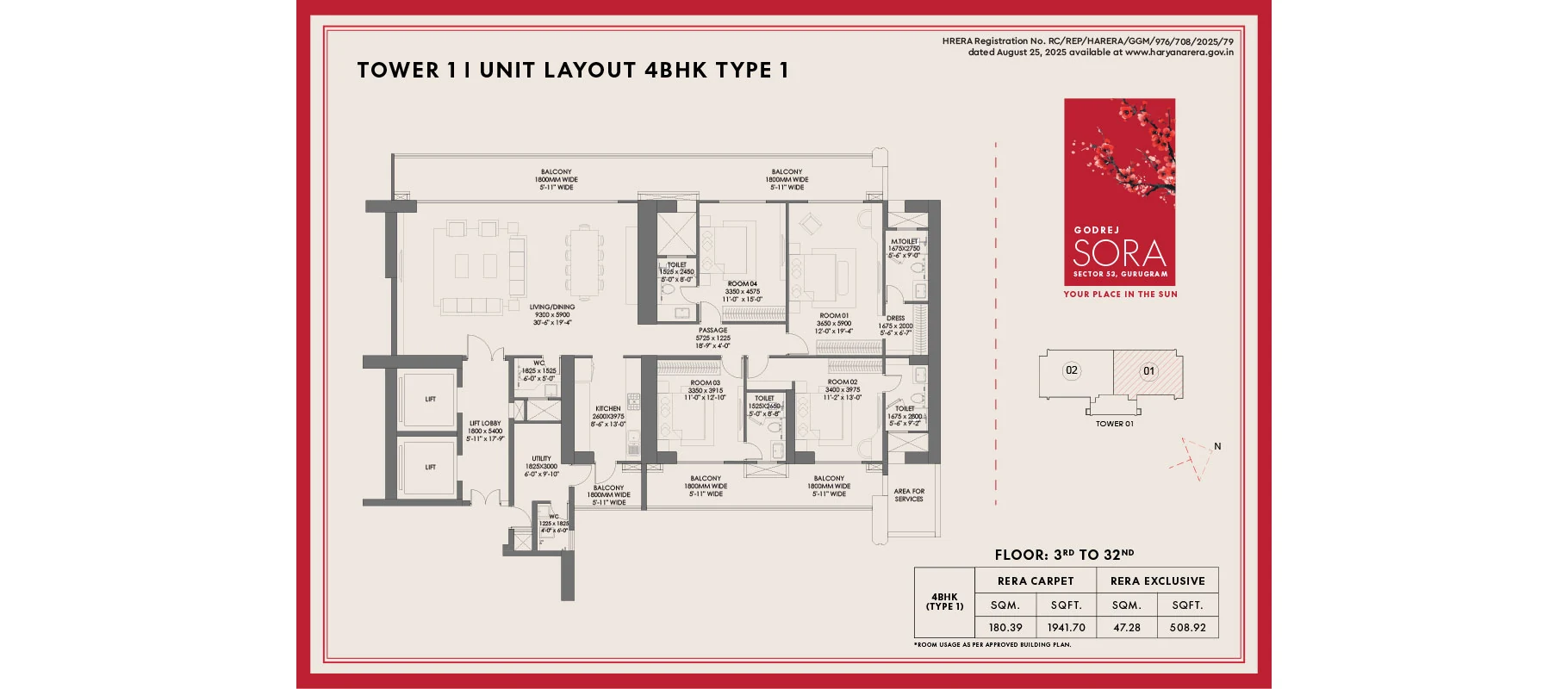 Godrej Sora 4 BHK Type 1 floor plan, 3,750 sq ft, all towers