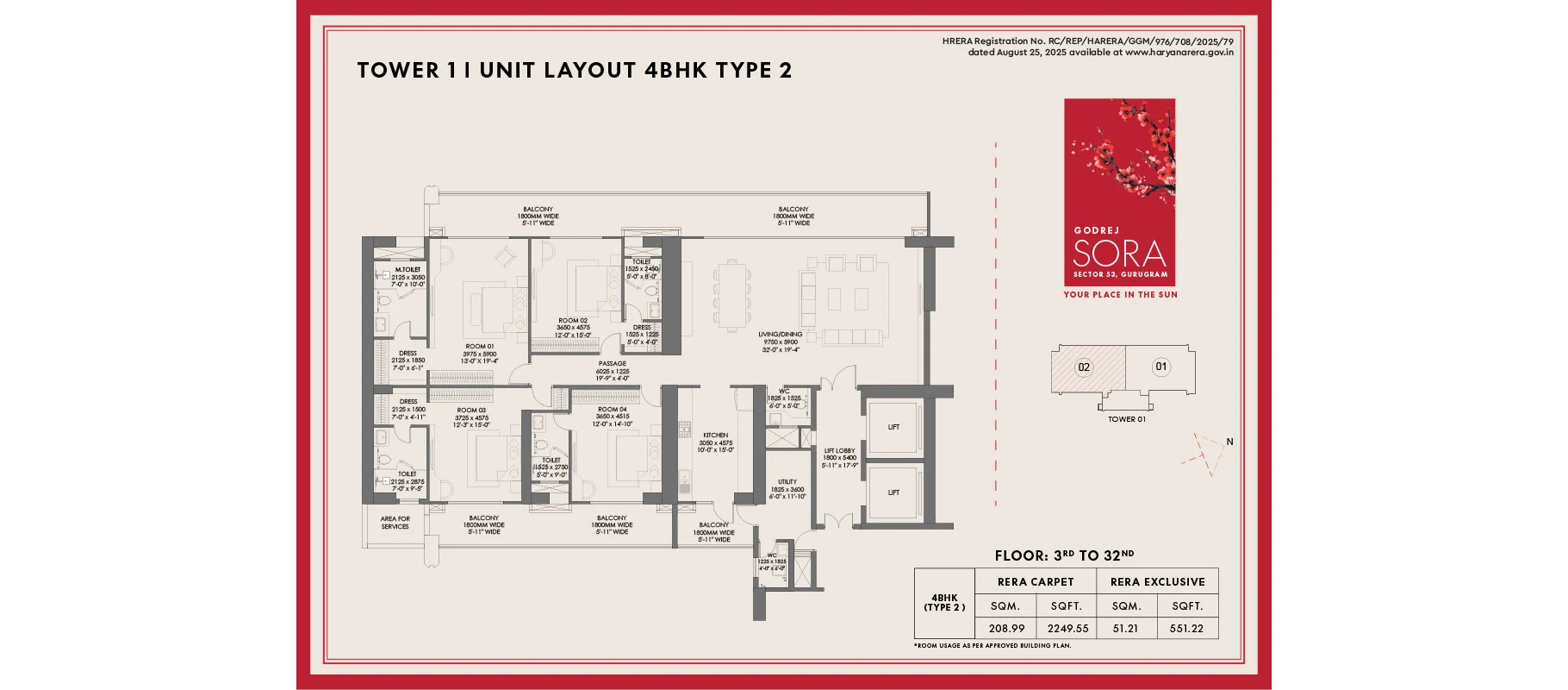 Godrej Sora 4 BHK Type 2 floor plan, 4,250 sq ft, Towers 1 and 4