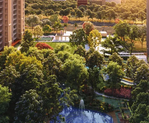 Godrej Vrikshya central greens and fountain seen from a tower, artist's impression