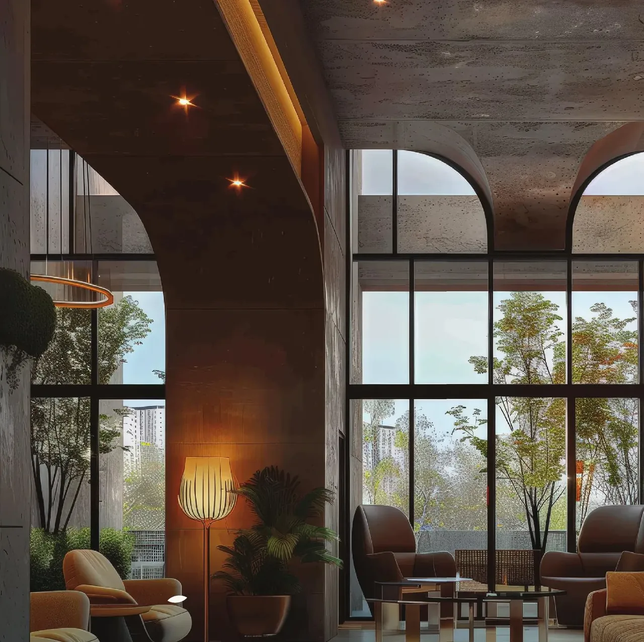 Godrej Vrikshya clubhouse lounge with tall arched windows, artist's impression