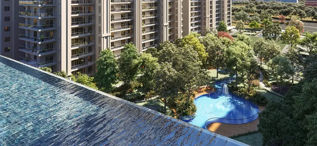 Godrej Vrikshya infinity pool edge overlooking the landscaped pool and towers, artist's impression