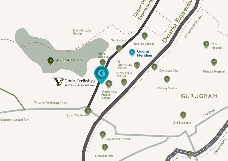 Godrej Vrikshya location map on Dwarka Expressway, Sector 103, with nearby schools and hospitals