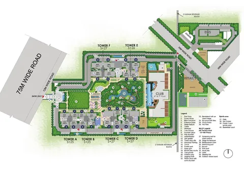 Godrej Vrikshya master layout plan: Towers A to F, clubhouse, central greens and 75 m road