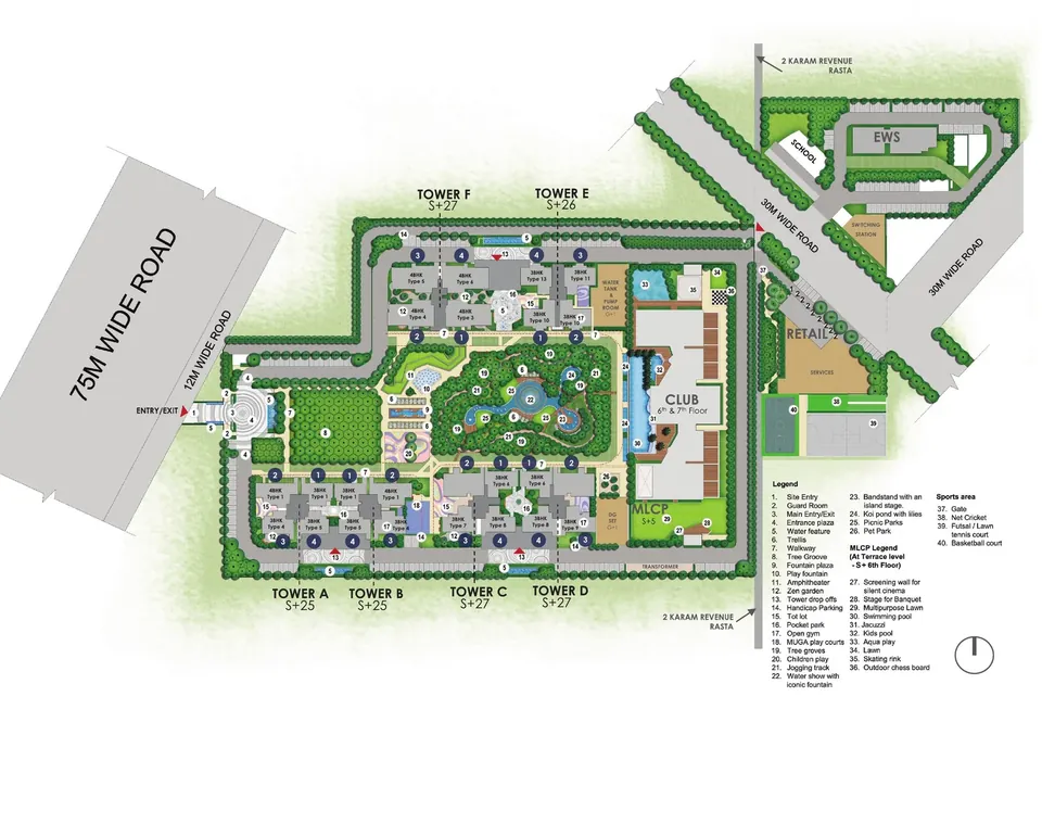 Godrej Vrikshya master layout plan: Towers A to F, clubhouse, central greens and 75 m road