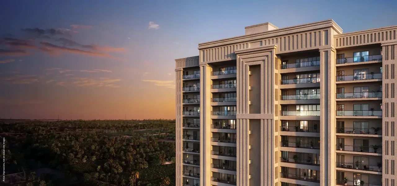 Godrej Vrikshya tower facade with stacked balconies at sunset, artist's impression
