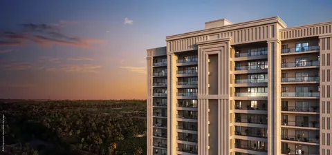 Godrej Vrikshya tower facade with stacked balconies at sunset, artist's impression