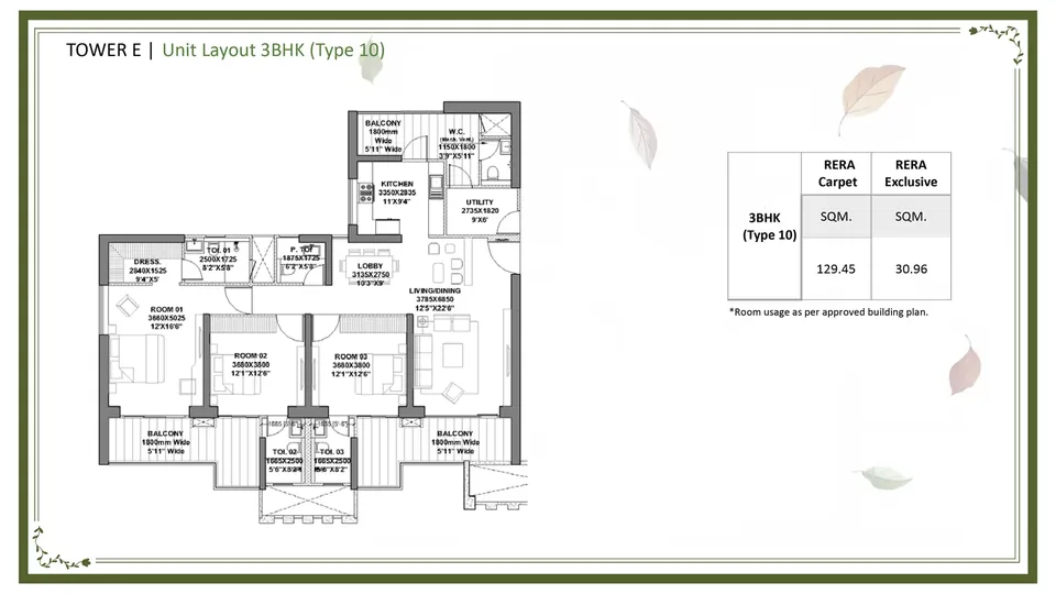 Godrej Vrikshya 3 BHK Type 10 floor plan, Tower E, 1,727 sq ft super area (129.45 sq m RERA carpet plus 30.96 sq m exclusive)