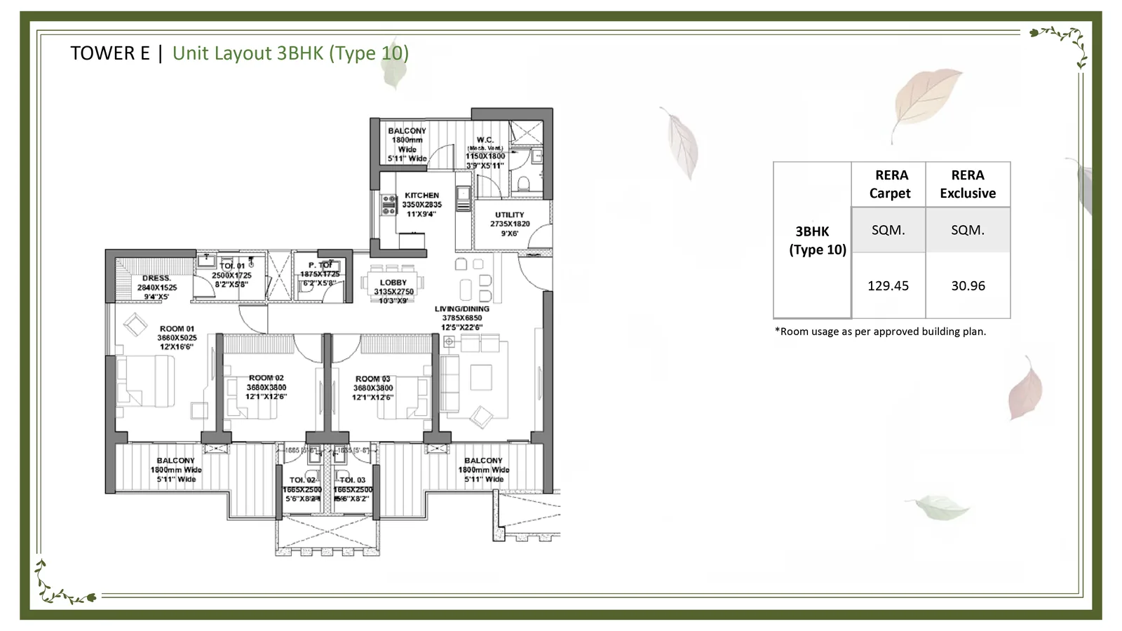 Godrej Vrikshya 3 BHK Type 10 floor plan, Tower E, 1,727 sq ft super area (129.45 sq m RERA carpet plus 30.96 sq m exclusive)