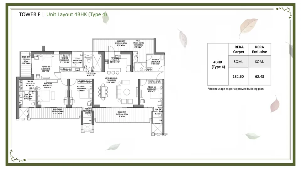 Godrej Vrikshya 4 BHK Type 4 floor plan, Tower F, 2,638 sq ft super area (182.60 sq m RERA carpet plus 62.48 sq m exclusive)