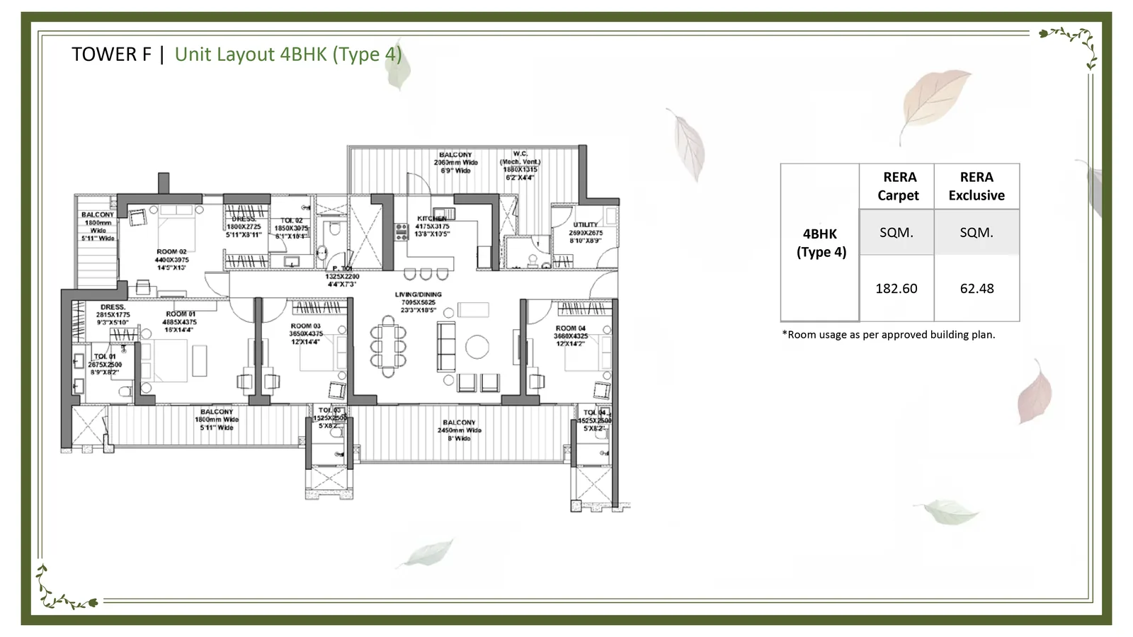 Godrej Vrikshya 4 BHK Type 4 floor plan, Tower F, 2,638 sq ft super area (182.60 sq m RERA carpet plus 62.48 sq m exclusive)