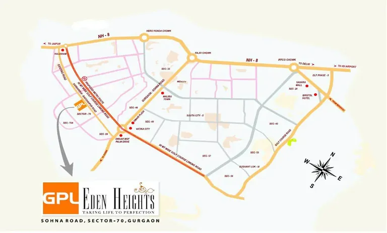 GPL Eden Heights location map, Sohna Road side of Sector 70, Gurgaon