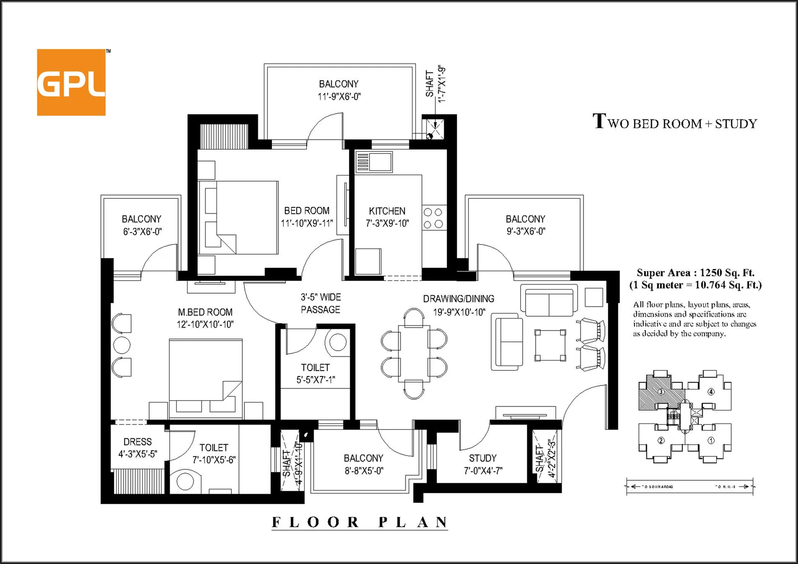 GPL Mint Towers 2 BHK + study floor plan, 1,250 sq ft super area
