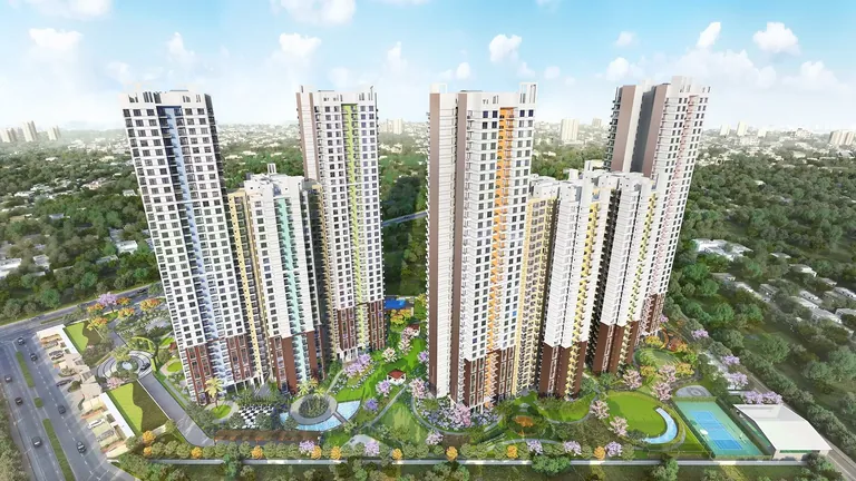 Hero Homes aerial view of the towers and central landscaped greens, Sector 104, artist's impression