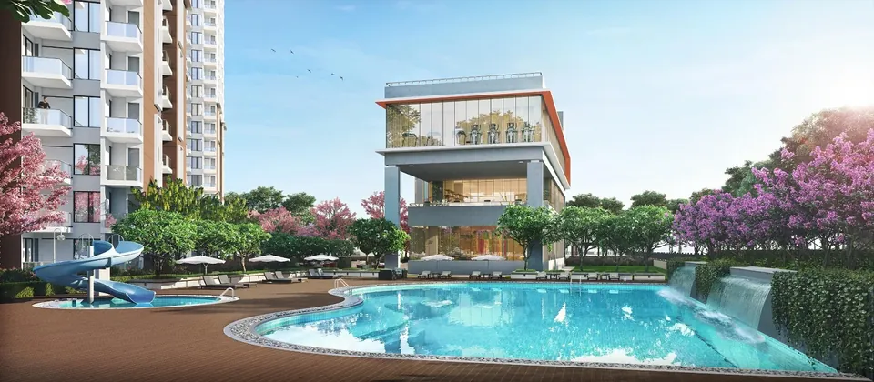 Hero Homes clubhouse beside the pool with water slide, artist's impression