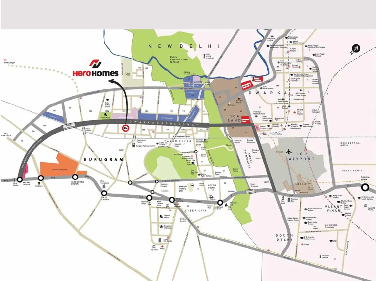 Hero Homes location map on Dwarka Expressway, Sector 104 Gurugram