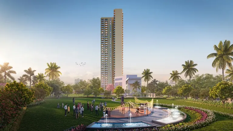 Hero Homes outdoor stage and fountain lawn with tower behind, artist's impression