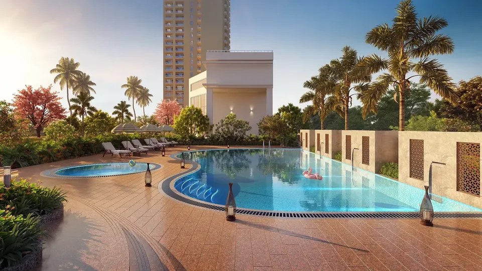 Hero Homes swimming pool and deck in the evening, artist's impression