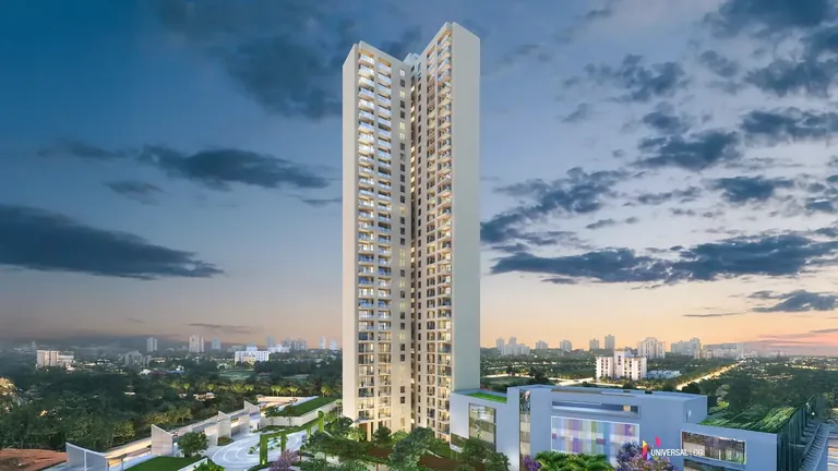 Hero Homes Tower 8 (T8, 4 BHK tower) at dusk, artist's impression