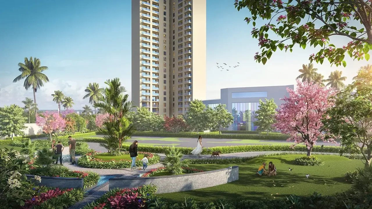 Hero Homes water body and flowering gardens looking towards a tower, artist's impression