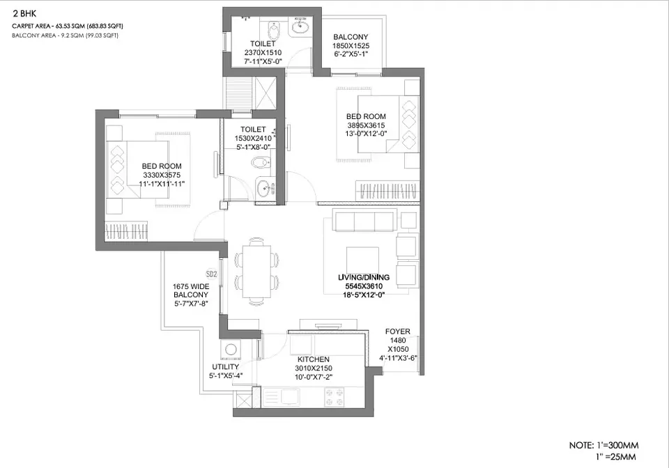 Hero Homes 2 BHK floor plan, 1,099 sq ft super area
