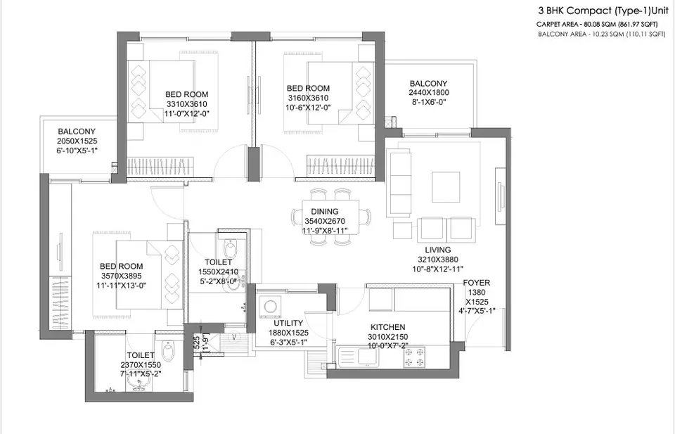 Hero Homes 3 BHK floor plan, 1,359 sq ft super area
