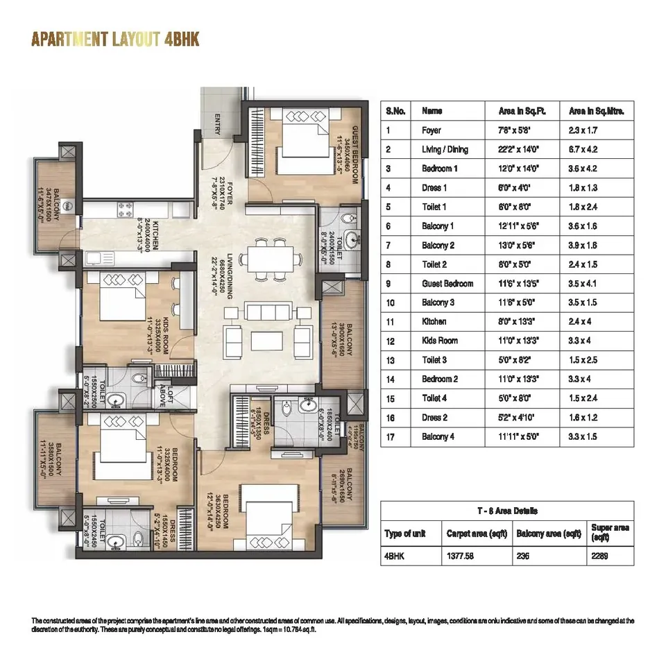 Hero Homes 4 BHK floor plan, Tower 8, 2,289 sq ft super area, 1,377.58 sq ft carpet