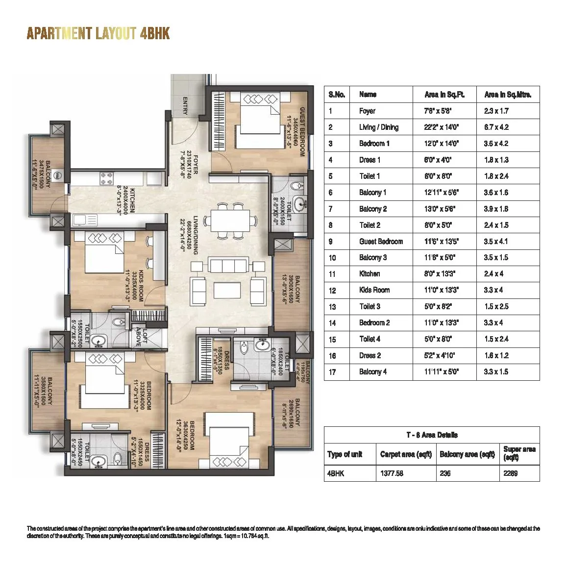 Hero Homes 4 BHK floor plan, Tower 8, 2,289 sq ft super area, 1,377.58 sq ft carpet