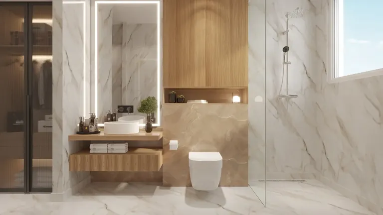 Hero The Palatial bathroom with marble walls and glass shower, artist's impression