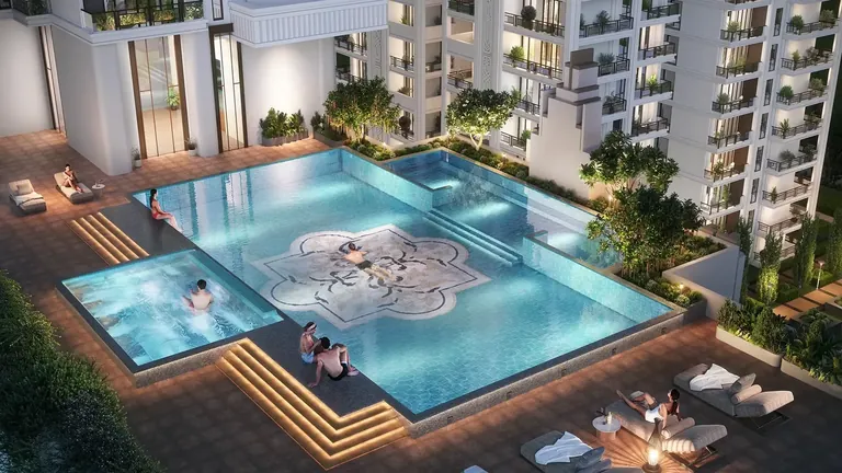 Hero The Palatial outdoor pool and deck seen from above, artist's impression