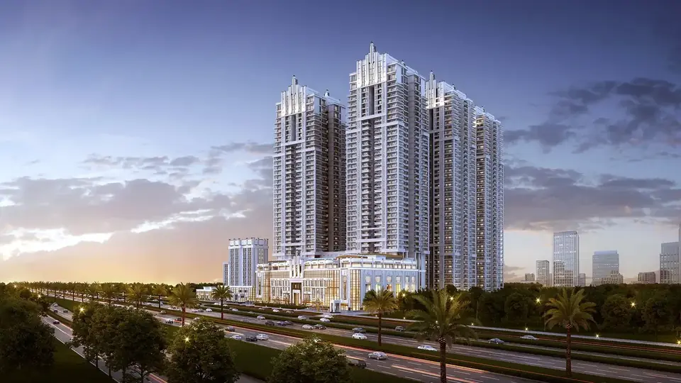 Hero The Palatial twin towers and podium beside Dwarka Expressway at twilight, artist's impression