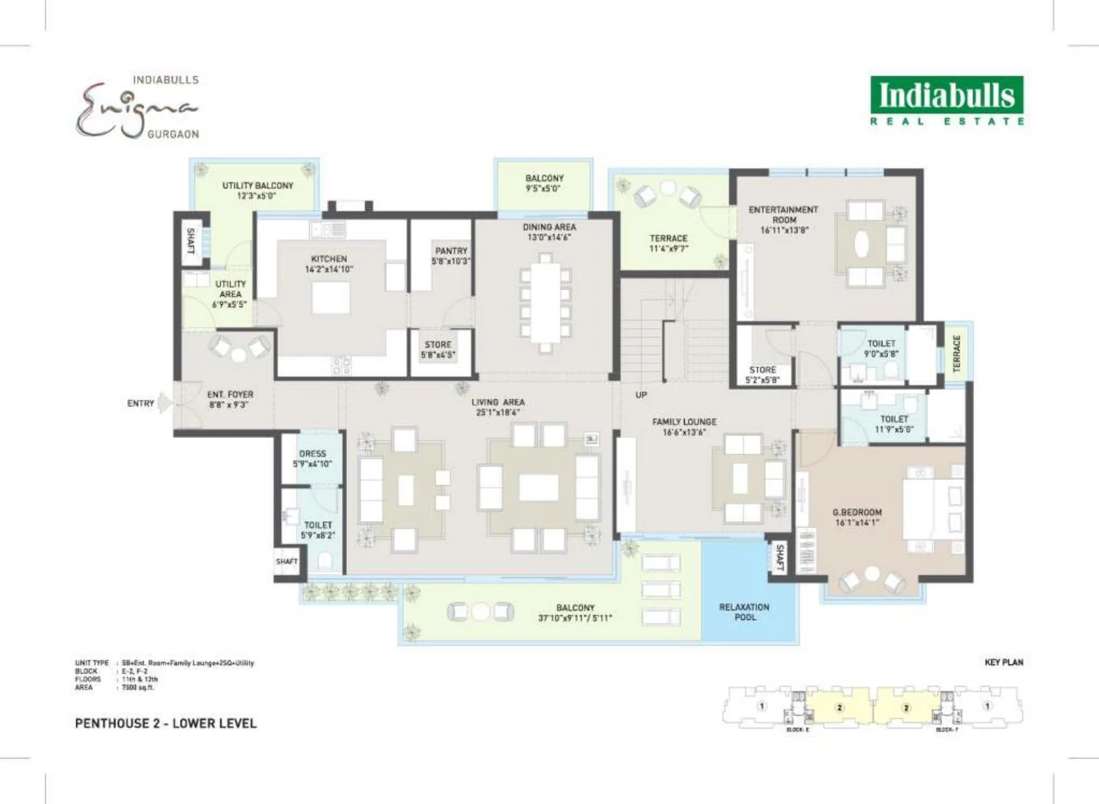 Indiabulls Enigma 5 BHK penthouse (set 1) lower floor plan, part of the 7,500 sq ft home