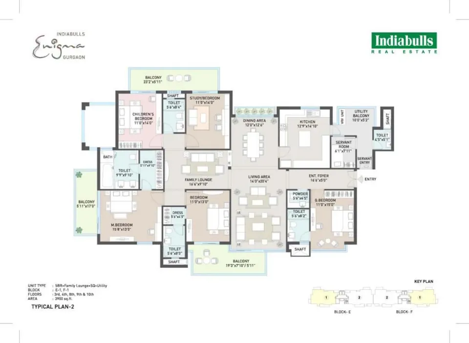 Indiabulls Enigma 5 BHK with family lounge, servant room and utility, Typical Plan 2, Blocks E-1 and F-1, 3,900 sq ft