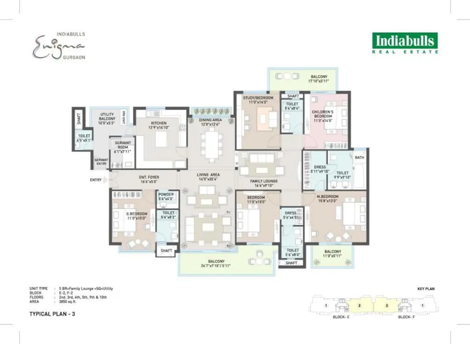 Indiabulls Enigma 5 BHK with family lounge, servant room and utility, Typical Plan 3, Blocks E-2 and F-2, 3,850 sq ft