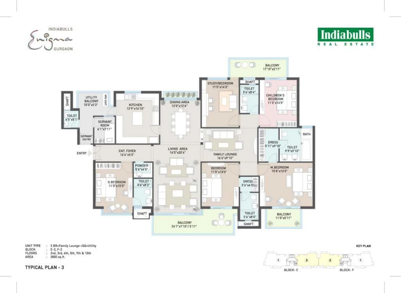 Indiabulls Enigma 5 BHK with family lounge, servant room and utility, Typical Plan 3, Blocks E-2 and F-2, 3,850 sq ft