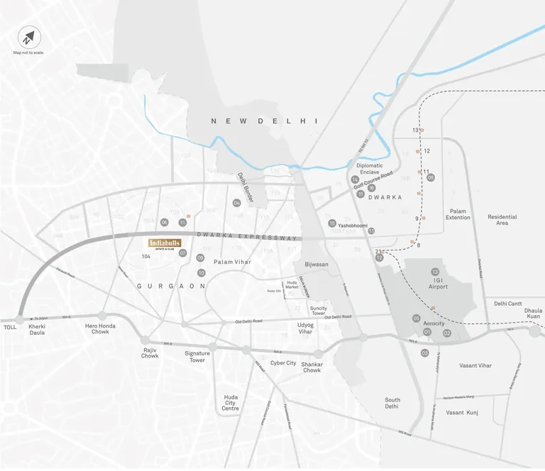 Indiabulls Estate and Club location map on Dwarka Expressway, Sector 104 Gurugram