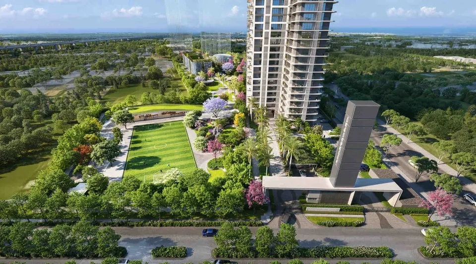 Indiabulls Estate and Club entrance, central greens and tower seen from above, artist's impression