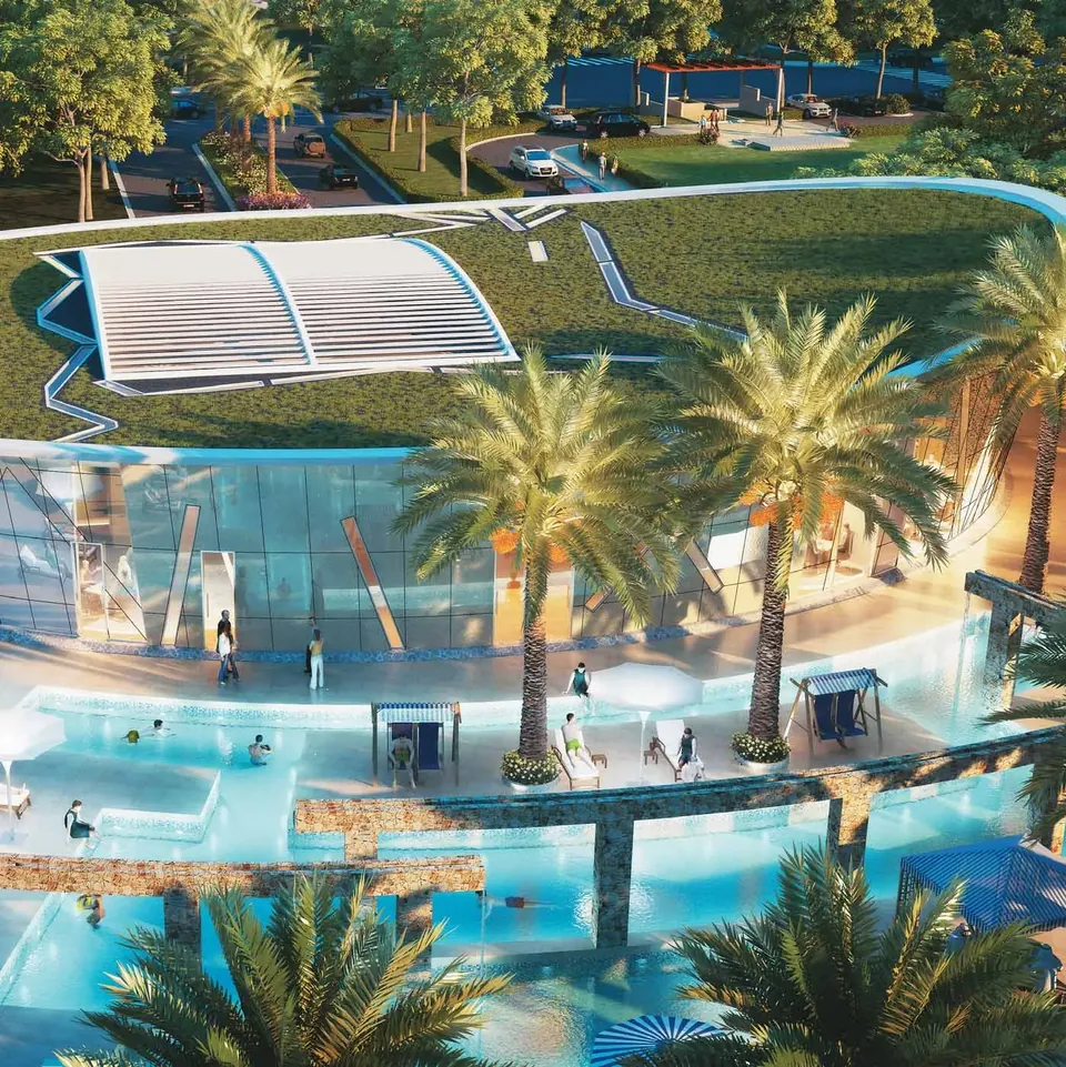 Ireo Skyon pool, deck and palms from above, artist's impression