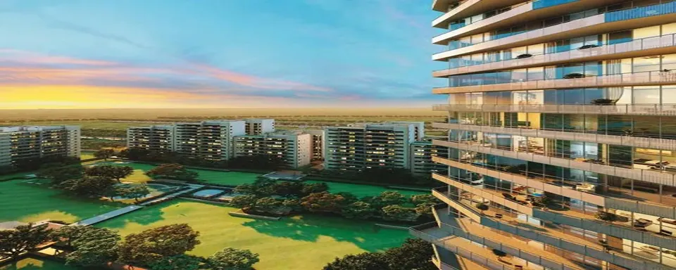 Ireo Skyon view from a balcony over the central garden at sunset, artist's impression