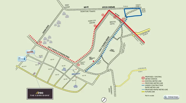 Ireo The Corridors location map with Sector 67A and the surrounding roads and metro