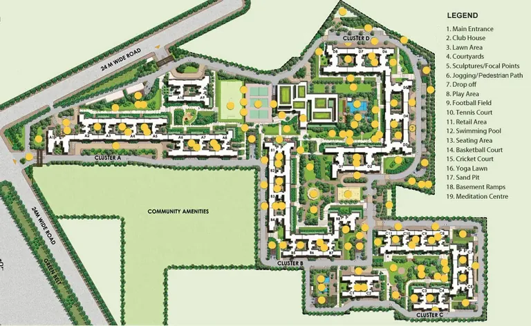 Ireo The Corridors site plan showing the tower clusters, central greens and legend
