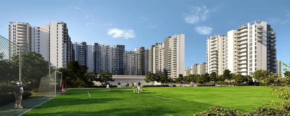 Ireo The Corridors towers beyond the football ground and open lawn, artist's impression