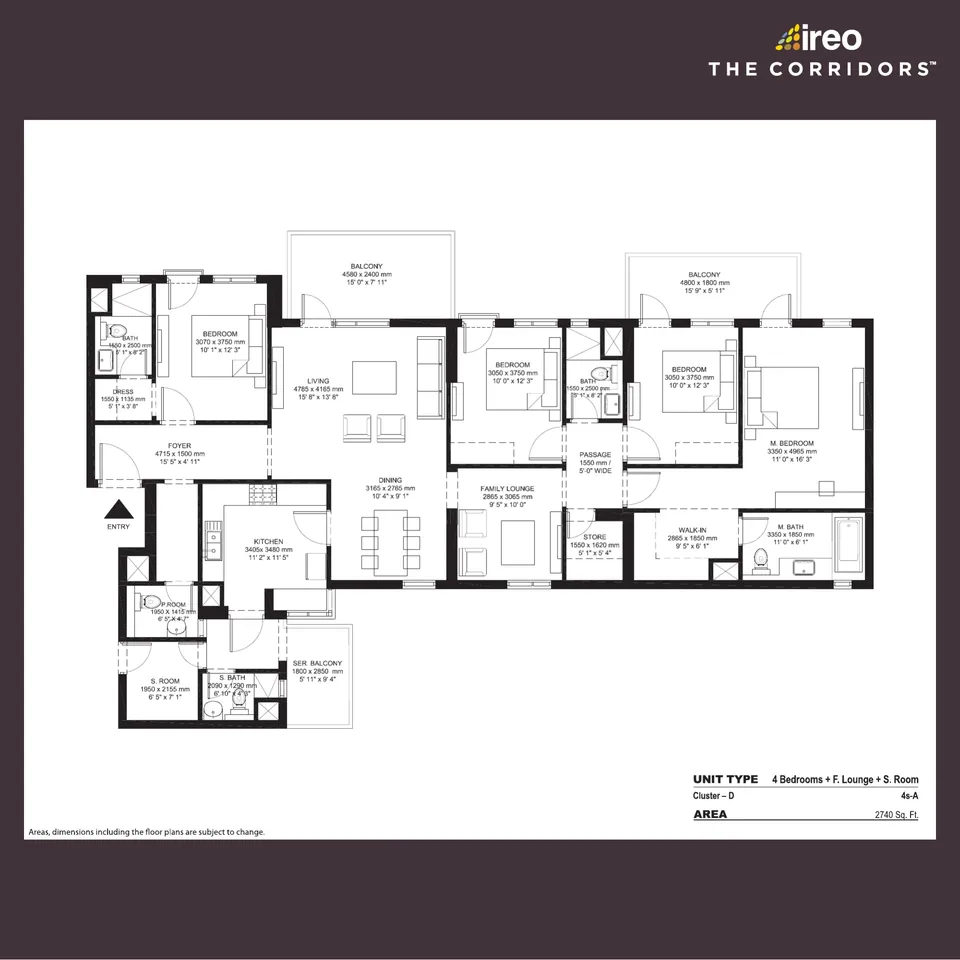 Ireo The Corridors 4 BHK floor plan, 2,740 sq ft, with family lounge and servant room