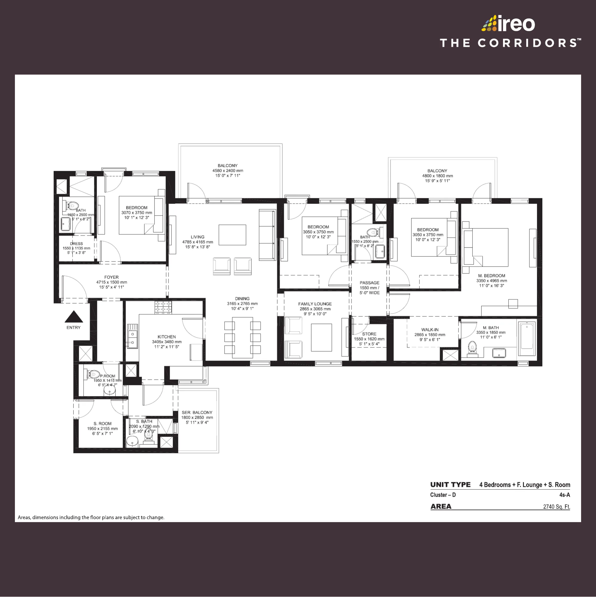 Ireo The Corridors 4 BHK floor plan, 2,740 sq ft, with family lounge and servant room