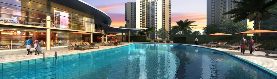 Ireo Uptown swimming pool beside the clubhouse terrace at dusk, artist's impression